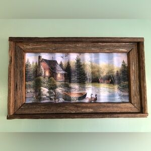 Vtg Cabin Deer In Woods Print On Washboard Tin In Rustic Wood Picture Frame READ
